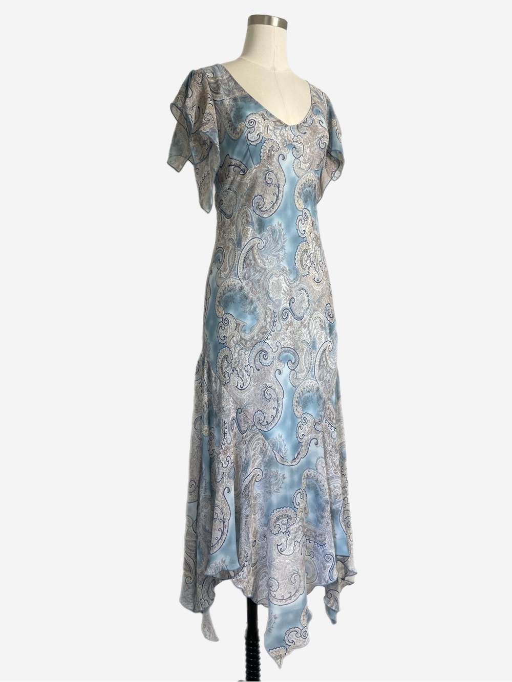 Vintage Y2K La Belle Blue paisley flutter sleeve asymmetric dress whimsical S - Picture 3 of 10